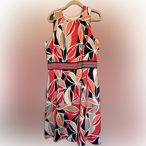 Chetta B Vibrant Leaf Print Midi Dress Sleeveless Lined Sz 18 Colorful Fit&Flare - Picture 4 of 10